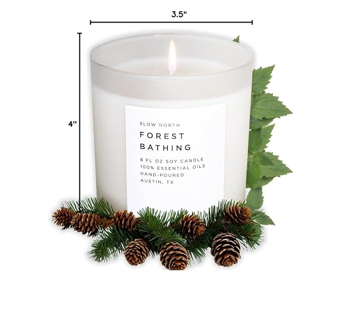 Slow North Forest Bathing Candle - Essential Oils and Pure Soy Wax Candle in a Reusable Frosted Glass Jar - A Unique and Mindful Scented Candle Hand-Poured in the USA (8 oz)