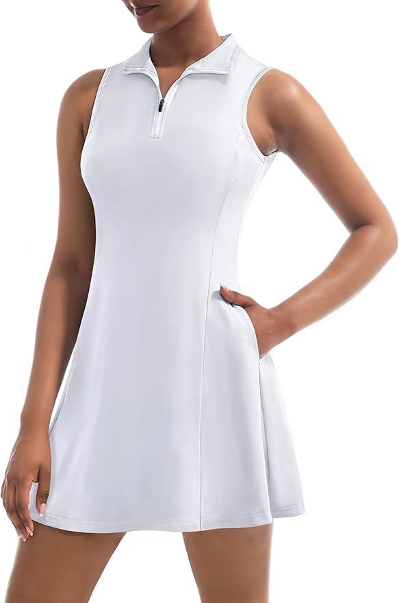 Tennis Dress for Women, Golf Dress with Shorts and Pockets Athletic Dress | Sleeveless Collared Half-Zipper Workout Sport Dress, Stretch Moisture Wicking Fabric, Tennis Golf Outfits