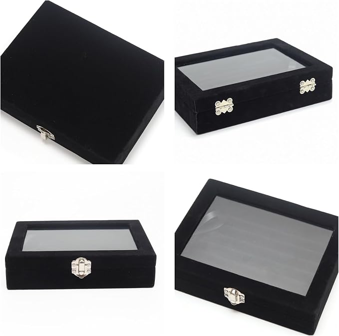 Small Velvet Jewelry Tray with Clear Lid, 8 Rolls Black | Lockable Ring Earring Holder Organizer Storage Box Case Jewelry Box Organizer for Rings Earrings Bracelets Brooches