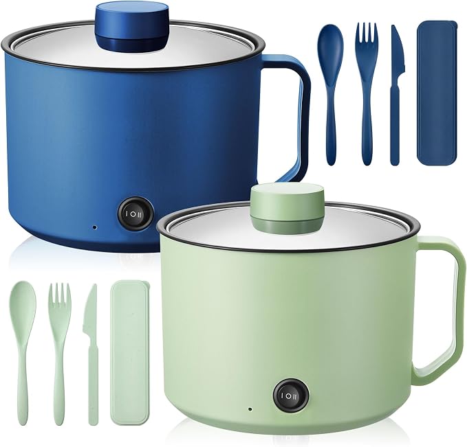 2 Pcs 1.5l Electric Ramen Cooker Hot Pot Electric Dual Power Noodle Cooker, Boil Dry Protection, Nonstick, Multifunctional Lazy Pot for Cooking Pasta, Noodles, Egg, Dorm Home Travel 7x3.15"