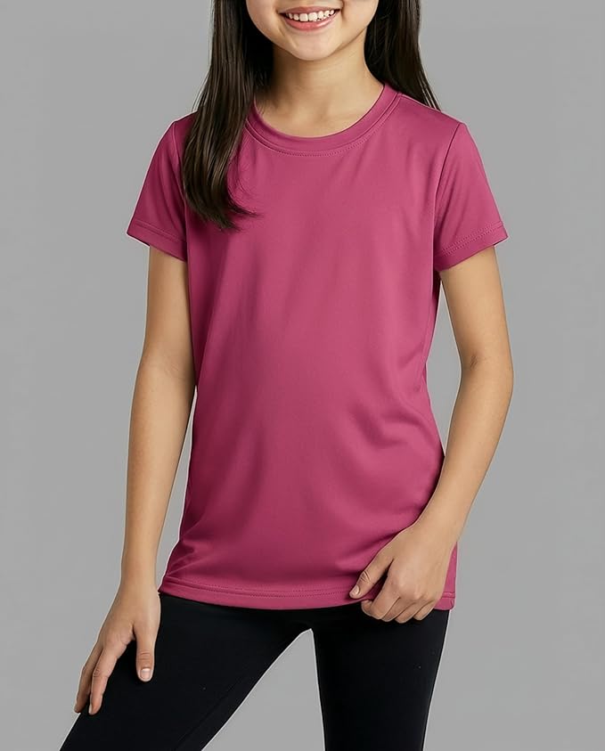 Real Essentials 5 Pack: Girls' Short Sleeve Dry-Fit Athletic T-Shirt - Active Gym Crew Neck Tops for Teens Kids (Ages 4-16)