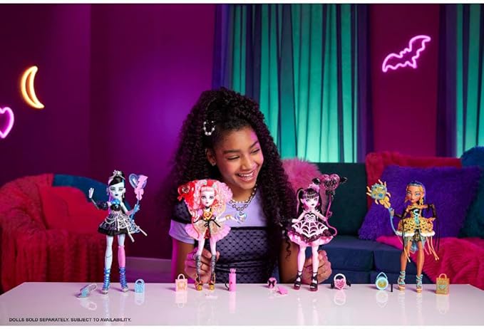 Monster High Scary Sweet Birthday Doll, Draculaura in Pink Party Dress with Themed Accessories Like Invite, Balloon, Gift, Fan and More