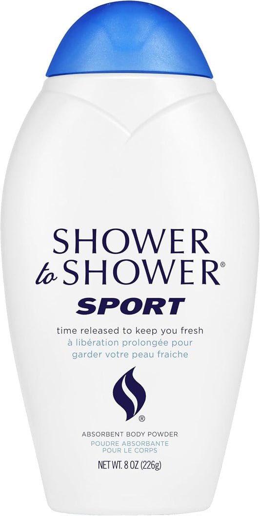 Shower to Shower Sport Body Powder for Men & Women, Talc Free, Sweat Absorbing, Prevents Chafing & Odor,Deodorizing All Over Body Powder for Long Lasting Freshness, 8 Ounces