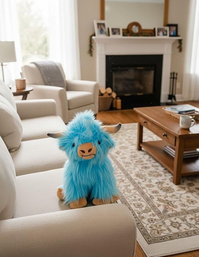 Highland Cow Stuffed Animals Soft Plush Cute Highland Cow Doll for Boys Girls 10in(gaodiniu lanse)