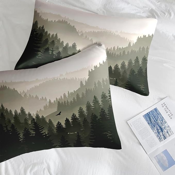 Pamnest Comforter Set Queen Size, Mountain Pine Tree 7 Pcs Bedding for Kids and Adults, Natural Forest Landscape Bed Sheet Sets with Fitted Sheet 2 Pillowcases & 2 Shams