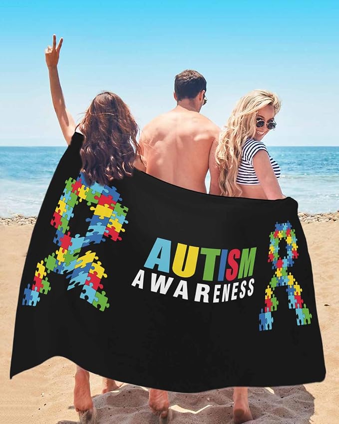 YOUNGKIDS Abstract Retro Oversized Beach Towels - 35x70in Microfiber Beach Towels Autism Awareness Jigsaw Blocks Pieces Black Quick Dry Lightweight Beach Pool Towel for Travel Camping Yoga