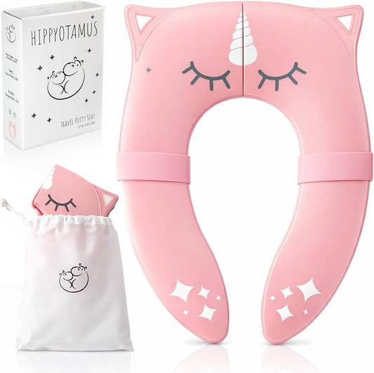 Hippypotamus Travel Potty Seat for Toddler - No-Pinch Folding Potty Training Seat - Non-Slip Silicone Grips - Includes Free Travel Bag (PINK Unicorn)