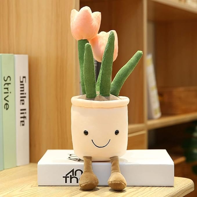 Smiling Tulip Plush Pot – Kawaii Plant Stuffed Toy for Girls, Cute Room Decor Pillow for Kids, Aesthetic Flower Plushie Gift, Soft Botanical Plush Toy for Bed, Desk or Nursery (Pink)
