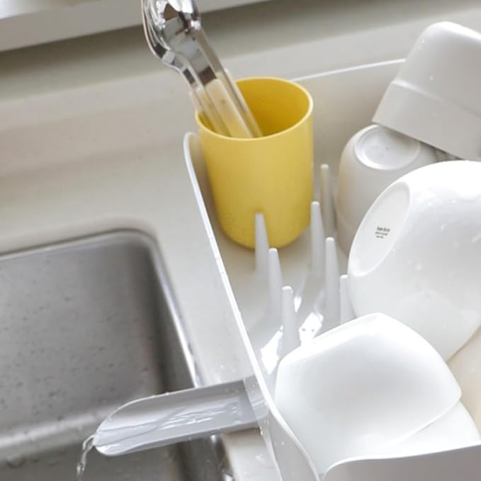 Small Dish Drying Rack for Kitchen Counter, Compact Dish Drainer with Drainage Spout & Spoon Holder, Space-Saving Drying Rack for Small Kitchens, Apartments & RVs, Made in Korea (Yellow)