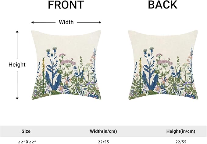 AEIOAE Navy Blue Teal Pillow Covers 22x22 Inch Set of 2, Spring Wildflower Plant Throw Pillows Case,Seasonal Floral Outdoor Decorative Flowers Farmhouse Decor Cushion Covers for Home Sofa Bed Couch