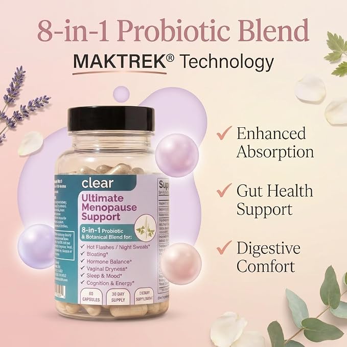 Clear Menopause Support for Women | 25-in-1 Formula with Black Cohosh, Dong Quai, Pre & Probiotics | Hot Flashes, Night Sweats, Mood, Sleep & Digestion | Hormone-Free | Made in USA | 180 Capsules