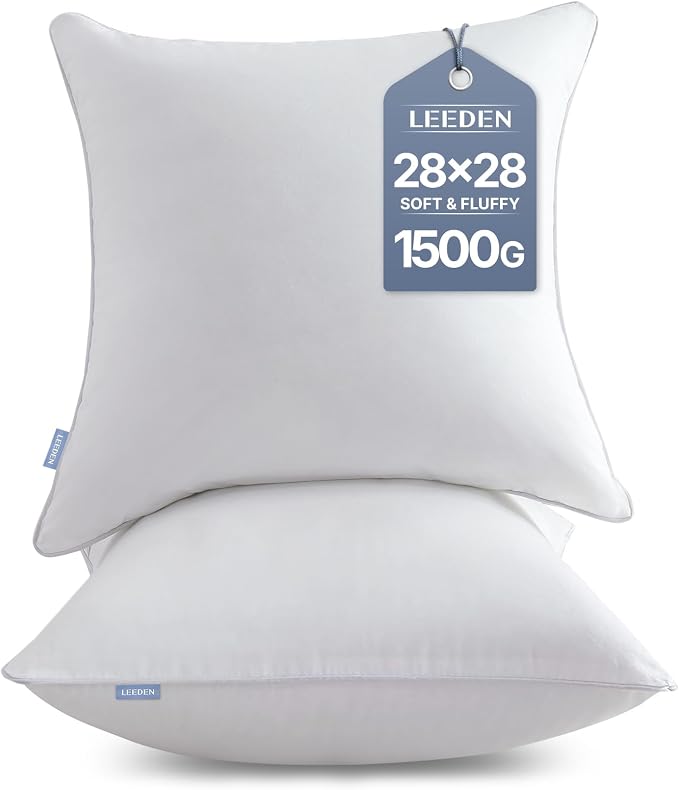 Leeden 28 x 28 Throw Pillow Inserts Set of 2, Fluffy Euro Pillows | Fluffy & Firm Down Alternative Euro Pillow Inserts with 100% Cotton Cover, Soft Square Pillow Forms for Couch & Living Room