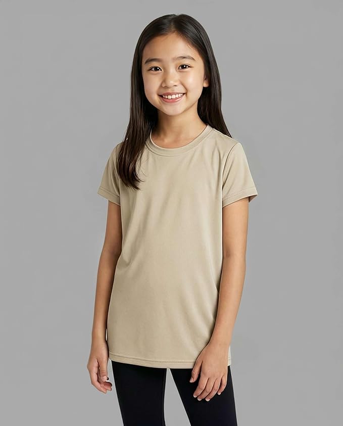 Real Essentials 5 Pack: Girls' Short Sleeve Dry-Fit Athletic T-Shirt - Active Gym Crew Neck Tops for Teens Kids (Ages 4-16)
