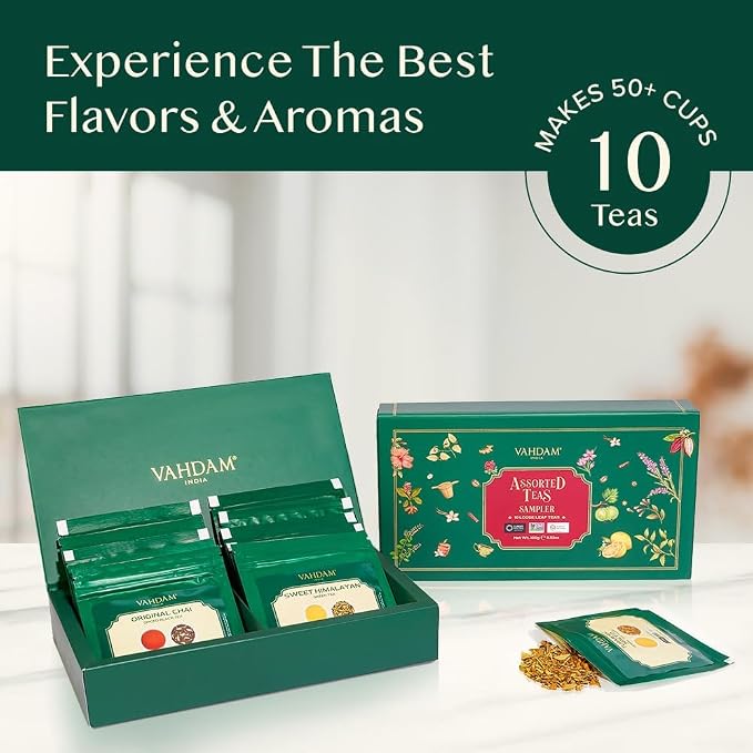 VAHDAM, Assorted Loose Leaf Chai Tea Sampler (10 Flavors, 50+ Servings) | Indian Exotic Masala Chai Tea Blends | Resealable Ziplock Pouch | Vacuum Sealed For Freshness