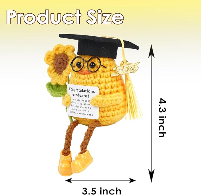Positive Crochet Animals Graduation Duck and Crochet Sunflower, Emotional Support Crochet,Funny Mini Cute Handmade Emotional Support Plush Gifts for Women Men Xmas Holiday Home