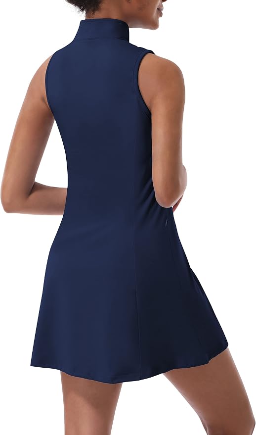 Tennis Dress for Women, Golf Dress with Shorts and Pockets Athletic Dress | Sleeveless Collared Half-Zipper Workout Sport Dress, Stretch Moisture Wicking Fabric, Tennis Golf Outfits