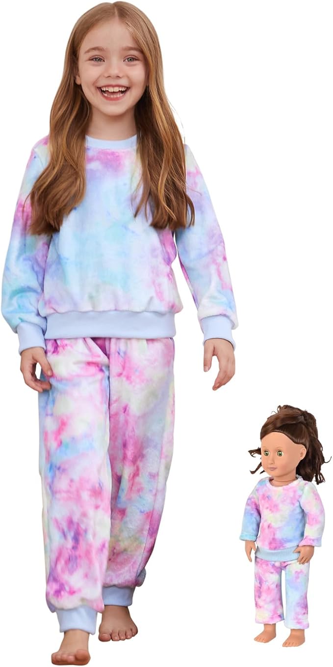 QPANCY Matching Doll & Girls Fleece Pjs Set kids Fall Winter Long Sleeve Sleepwear 2 Piece Pajamas