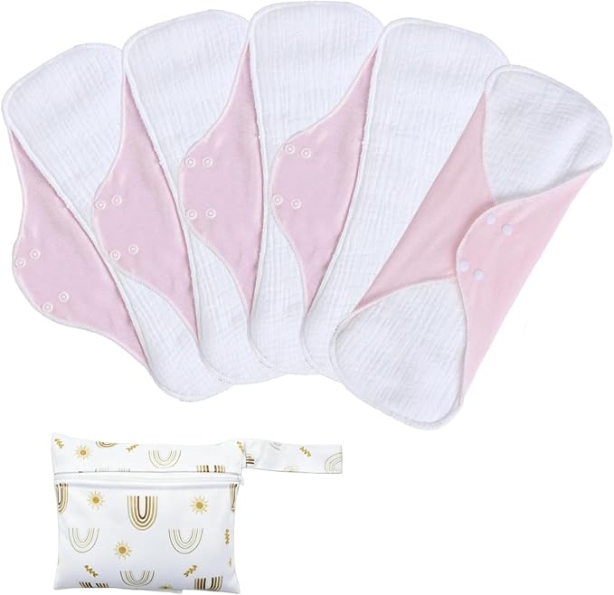 Washable Menstrual Pads,Reusable Incontinence Pads,Cloth Pads Sanitary Napkins,with 1 Storage Bag,Panty Liners/Cotton Pads Period for Women/Postpartum/Incontinence Patients(Pink/M/5pcs)