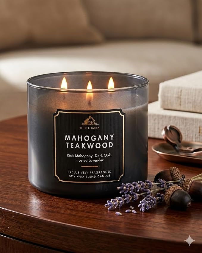 Bath and Body Works, White Barn 3-Wick Candle w/Essential Oils - 14.5 oz - 2021 Core Scents! (Mahogany Teakwood High Intensity)