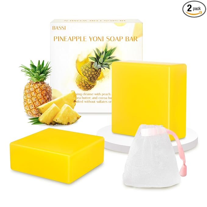 2 PCS Yoni Soap Bars Feminine Wash, 100% Natural Organic Yoni Bar Soap for Women Ph Balance Yoni Wash Eliminates Odor Moisturizing Yoni Care Soap with Foaming Net, Pineapple Handmade Soap 3.53 OZ