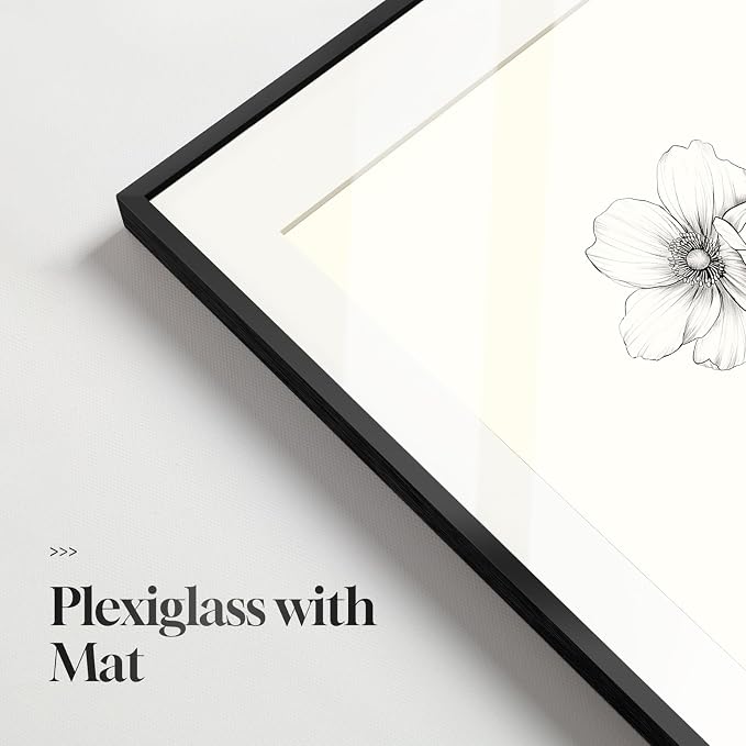 Framed Black and White Botanical Wall Art for Bathroom, 4 Piece 8x10 In | Minimalist floral wall decor, Vintage boho flower pictures, Plexiglass with mat prints, Bedroom office hallway room decor