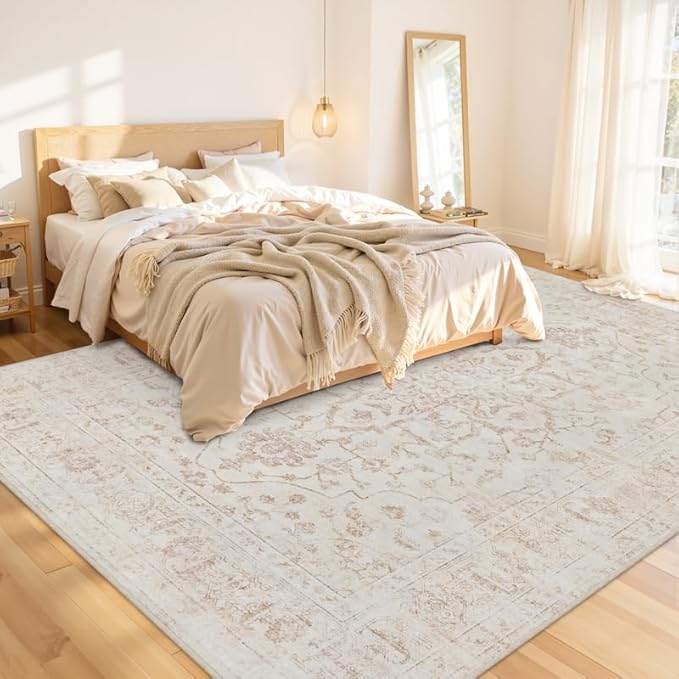 Area Rugs 9x12 Living Room: Vintage Boho Neutral Washable Rug Indoor Soft Large Area Rug Carpet for Bedroom Nursery Farmhouse Dining Room Office Floor Non-Slip Low Pile Under Table Rug Warm Beige