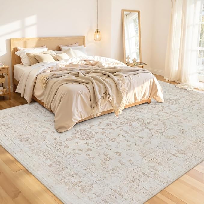 10x12 Area Rug for Living Room: Vintage Boho Neutral Washable Rug Indoor Soft Large Area Rug Carpet for Bedroom Nursery Farmhouse Dining Room Office Floor Non-Slip Low Pile Under Table Rug Warm Beige