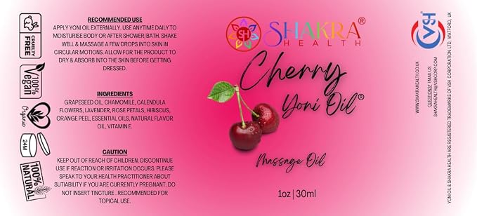 Yoni Oil Cherry 30ml Massage Oil. Moisturise Body & Balance Natural PH, Intimate Feminine Scent, Hygeine & Fresh Smell *Organic Vegan*