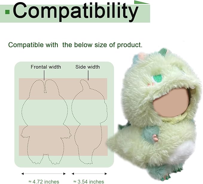 Green Dinosaur Costume for labubu. Fits Labubu Dolls & Most 17cm Blind Box Toys, Soft Furry Dino Outfit Compatible with Labubu Series, Cute Animal Clothing Photo Prop