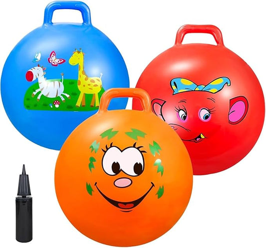 Bouncy Balls with Handle for Kids, Ride On Toys Balls for Kids 3 4-8, 3 Pack Hopper Ball 18 Inch Size with Air Pump for Kid Jumping Sports Ride Games Balance Exercise Indoor Outdoor Fun Toy