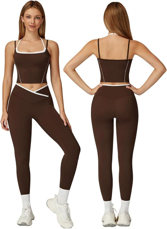 ABOCIW Workout Sets for Women 2 Piece Color Block Strappy Sports Bra High Waist Shorts Gym Yoga Pilates Outfits