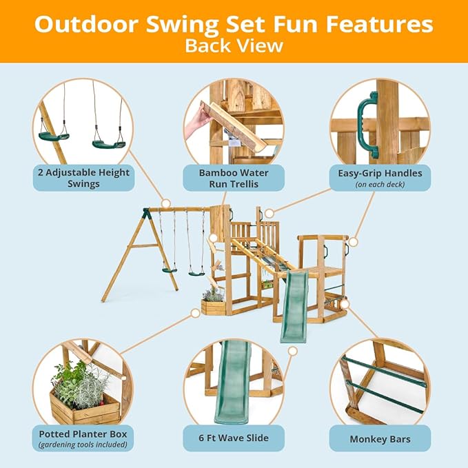 Plum Discovery Wood Swing Sets for Backyard, Kids Yard Play Equipment, Outdoor Toddler Swing with Slide, Monkey Bars, Climbing Bridge, Painting Easel, Built-in Planter Box, Weatherproof, Age 3+ Yrs