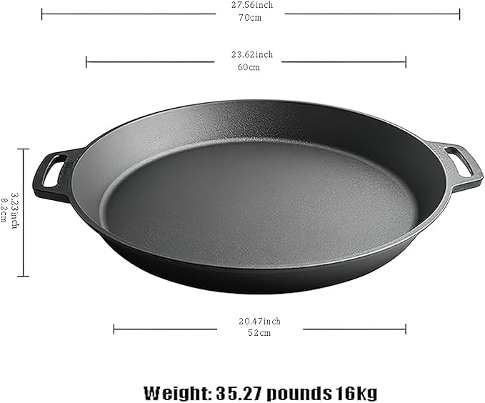 LI-GELISI 24-inch cast iron frying pan with dual auxiliary handles, nitrogen-treated for rust resistance, suitable for stoves/grills/campfires, heavy-duty outdoor cooking pan