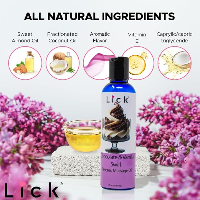 Lick Chocolate Vanilla Massage Oil – Classic Dessert Blend Edible Massage Oil with Vitamin E, Rich Smooth Texture for Couples Massage Experiences, 4 oz
