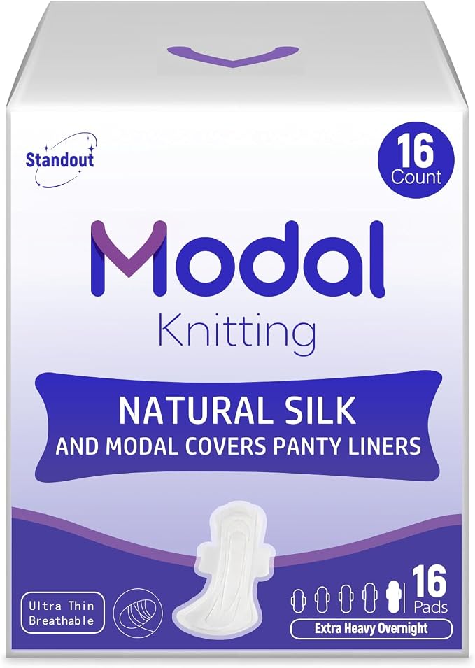 Modal Sanitary Pads for Women, Natural Silk and Modal Cover-Extra Heavy Absorbency, Ultra Thin Breathable Pads with Wings, Unscented Sanitary Napkins(Overnight,16.5 Inch,16 Count, Packaging May Vary)
