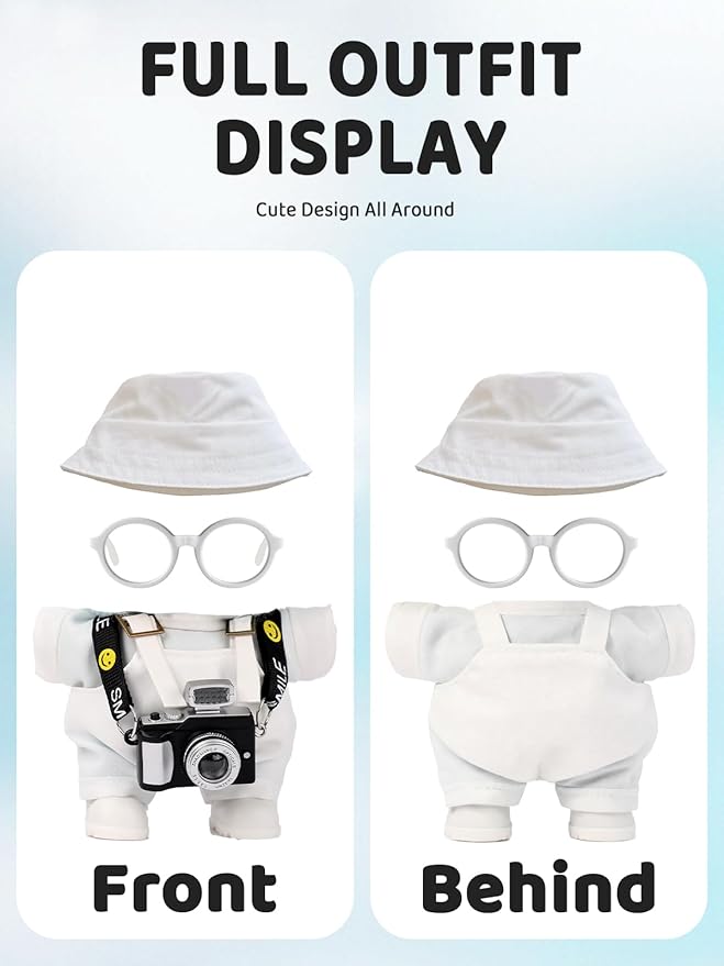 17cm Doll Clothes Set, Hat & Overalls & Shirt & Shoes & Glasses & Camera Set for 17cm Accessories Suit, Stylish Dolls Clothes Accessories, Cute Clothes for Dress up Unique Style (White)