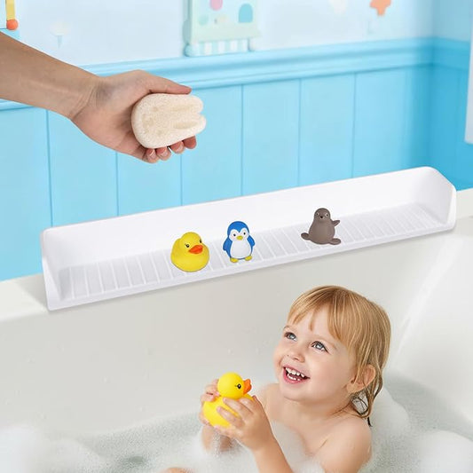 Bathtub Splash Guard for Kids, 2.62Ft Longer Silicone Bathtub Water Guards Play Shelf with 11 Suction Cups, Toy Tray Caddy Holder for Tub,Water Leak & Splash-Proof,Bath Tub Ledge Shelf for Kids, White