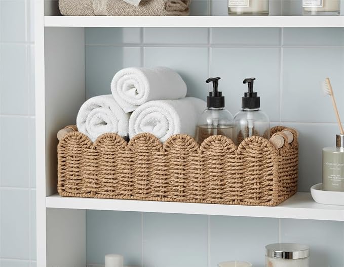 CubesLand Scalloped Toilet Paper Storage Basket W/Handle for Home Decor | Paper Rope Toilet Organizer Basket for Countertop, Over Toilet Shelf, End Table, Living Room, Bedroom Decor & More, Neutral