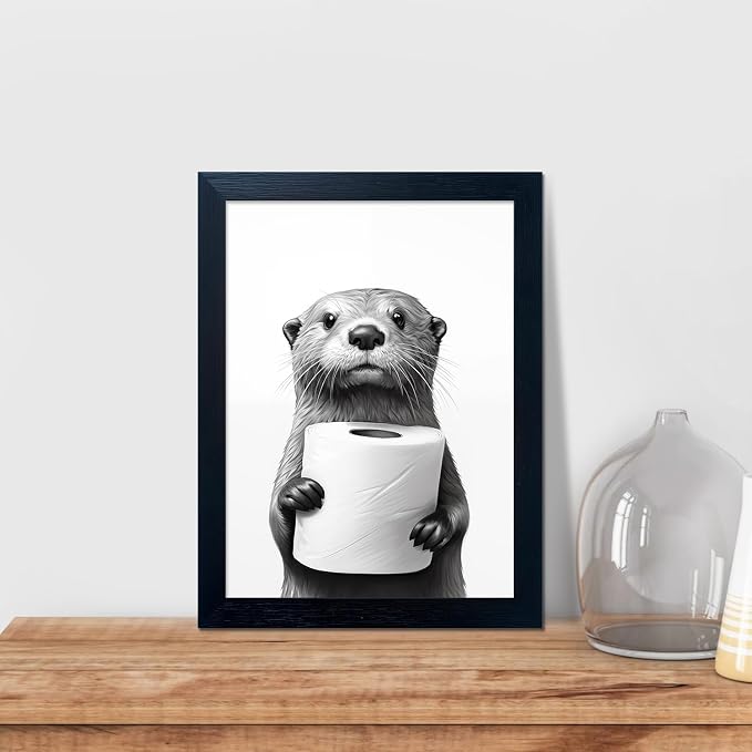 Funny Bathroom Wall Decor Framed Black and White Bathroom Wall Art Toilet Paper in Little Funny Raccoon's Hand Animal Canvas Print Painting Artworks