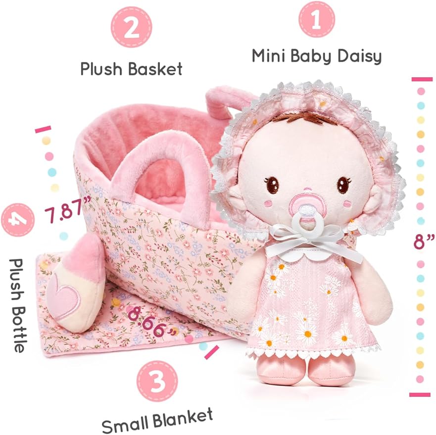 9'' Soft Baby Doll Toys for 1 Year Old Girl, Pretend Playset with Plush Doll, Bassinet, Blanket and Bottle, Perfect Birthday for Toddlers & Infants