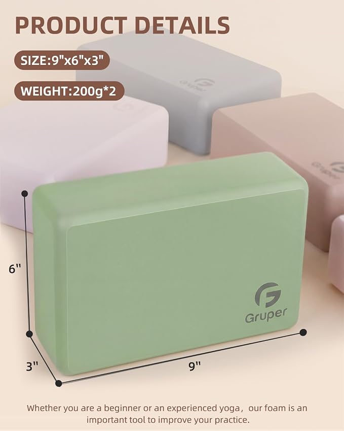 Gruper Yoga Blocks 2 Pack, 9"x6"x3" Exercise Blocks High-Density EVA Foam Blocks with Soft Non-Slip Surface, Lightweight Yoga Props for Yoga Pilates Meditation & Stretching