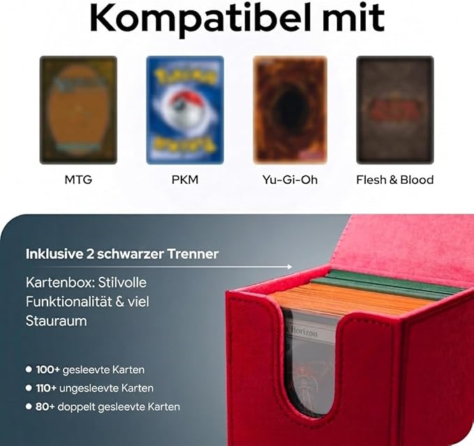 MTG Commander Deck Box with 2 Dividers – Fits 100+ Single Sleeved Cards, Strong Magnet Deck Case for Magic: The Gathering, Premium PU Leather Storage for TCG CCG (Red)