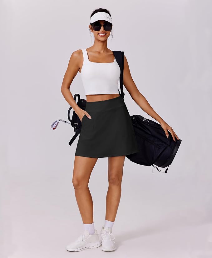 PINSPARK 17" Golf Skorts for Woman High Waisted Tennis Skirt with 4 Pockets | Lightweight, Quick Dry, 4-Way Strecth, Breathable, Tummy Control, UPF 50+ Athletic Skort for Workout, Pickleball, Gym, Casual