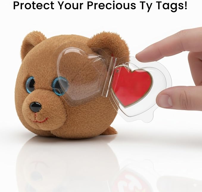 Beanie Baby Heart Tag Protectors 62 Pack – Clear Plastic Tag Covers for Ty Beanie Babies, Boos & Buddies – Heart Shaped Hang Tag Sleeves, Durable Scratch-Resistant Collector Storage Protectors