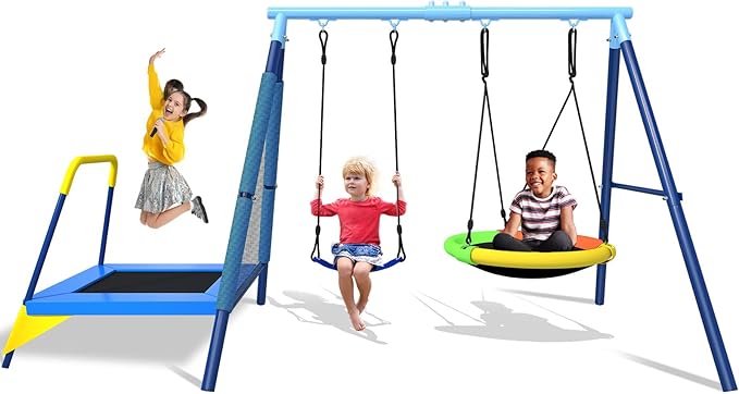 JYGOPLA 440lbs Kids Swing Set, 3-in-1 Outdoor Playground with Saucer Swing, Belt Seat & 4ft Trampoline, Heavy Duty A-Frame Metal Stand & Safety Stakes, Backyard Playset for Toddlers 3-8 Years Old