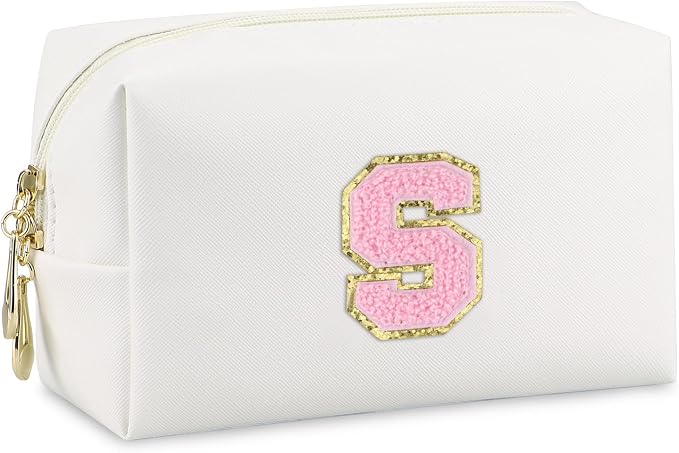 Initial Makeup Bag, Personalized Preppy Letter Monogram Cosmetic Bag | Waterproof PU Material, Compact Size, Large Capacity 7.09 x 2.95 x 3.94 in, Surprise Gift for Daughters and Teens