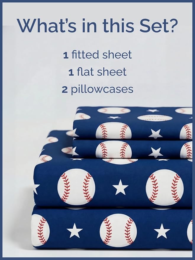 CGK Unlimited Kids Baseball Queen 4 Piece Sheet Set - Boys, Girls, Teens, Toddler - Easy Fit Deep Pockets - Ultra Soft, Cooling & Breathable Sheets - Cute, Cozy, Fade & Wrinkle Free - Machine Washable