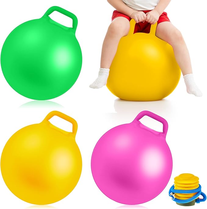 Lewtemi 3 Pcs 18 Inch Inflatable Bouncy Hopper Ball Large Round Jumping Balls with Handles for Kids Hopping Toys for 6 Years Old and Above Children Boy Girl(Pink, Yellow, Green)