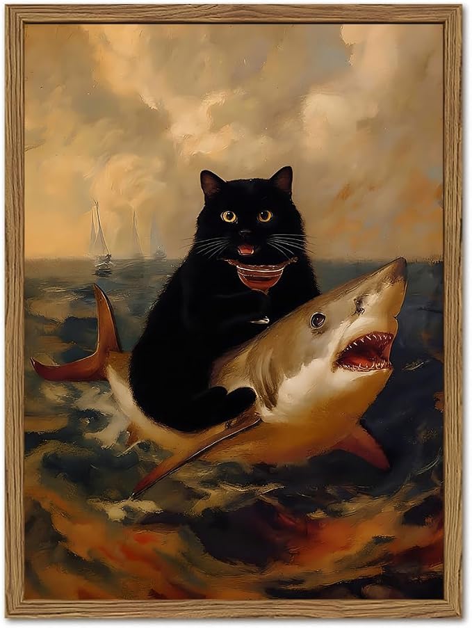 Funny Black Cat Riding Shark Wall Art Whimsical Bar Cart Wall Decor Picture Eclectic Shark Ocean Poster Canvas Painting Prints for Bedroom Living Room 12x16 inch Framed