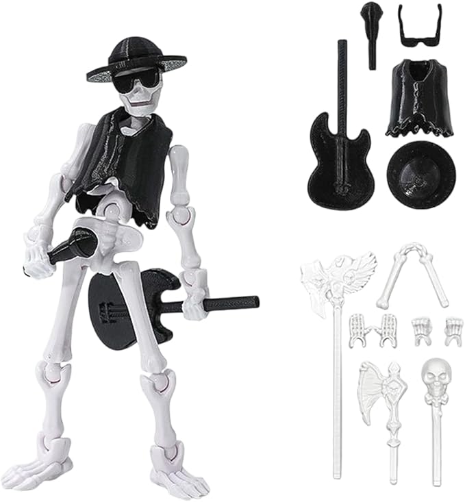 Articulated Skeleton Action Figure with Guitar, Halloween Decorative Toy, 5.35 Inch (Black)